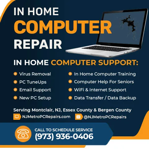 Hero banner with confident smiling computer technician and a list of their in home computer repair services